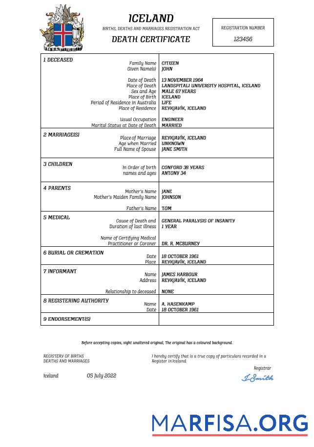 Printable Iceland vital record death certificate Word and PDF template